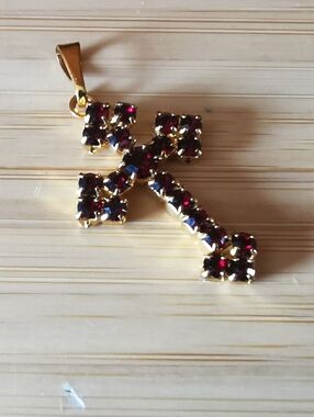 Vintage Style Garnet Cross Pendant Gold Tone Religious Jewelry